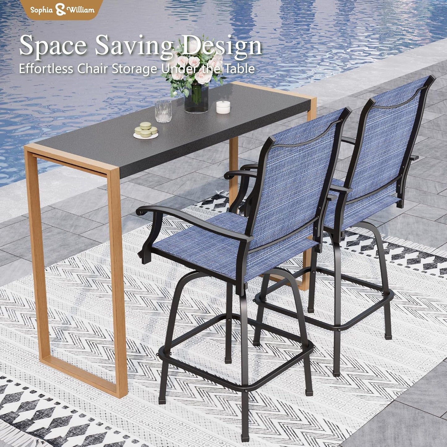 Sophia & William Outdoor Bar Set, Patio Bar Table and Chairs Set, Bar Height Patio Set - 2 x Swivel