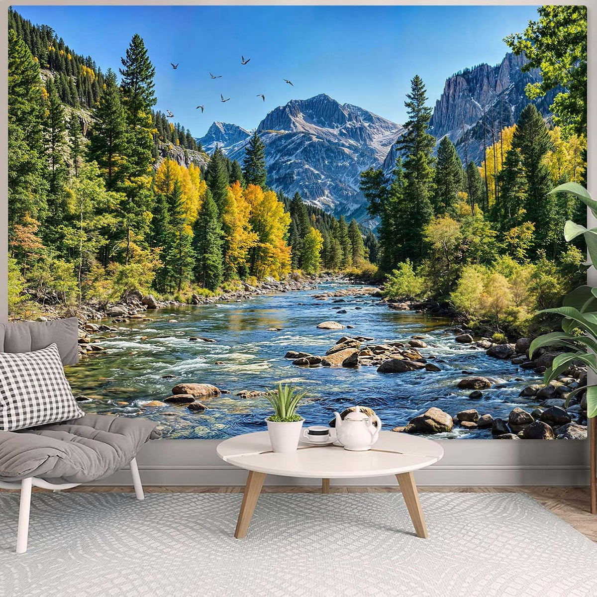 AMM Nature Forest Mountain Tapestry Green Pine Tree Tapestry for Bedroom Aesthetic Flowing River