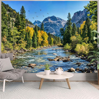 AMM Nature Forest Mountain Tapestry Green Pine Tree Tapestry for Bedroom Aesthetic Flowing River