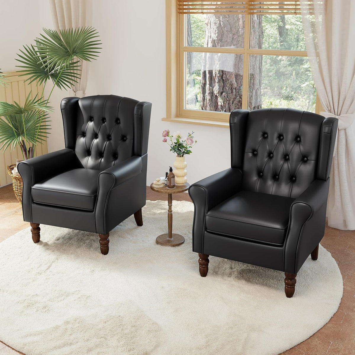 High Back Accent Chairs Set of 2,Upholstered Faux Leather Wingback Armchairs with Solid Wood Legs