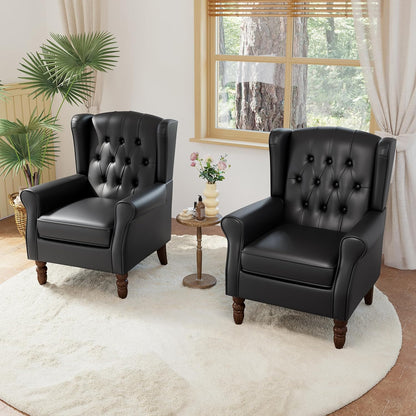 High Back Accent Chairs Set of 2,Upholstered Faux Leather Wingback Armchairs with Solid Wood Legs