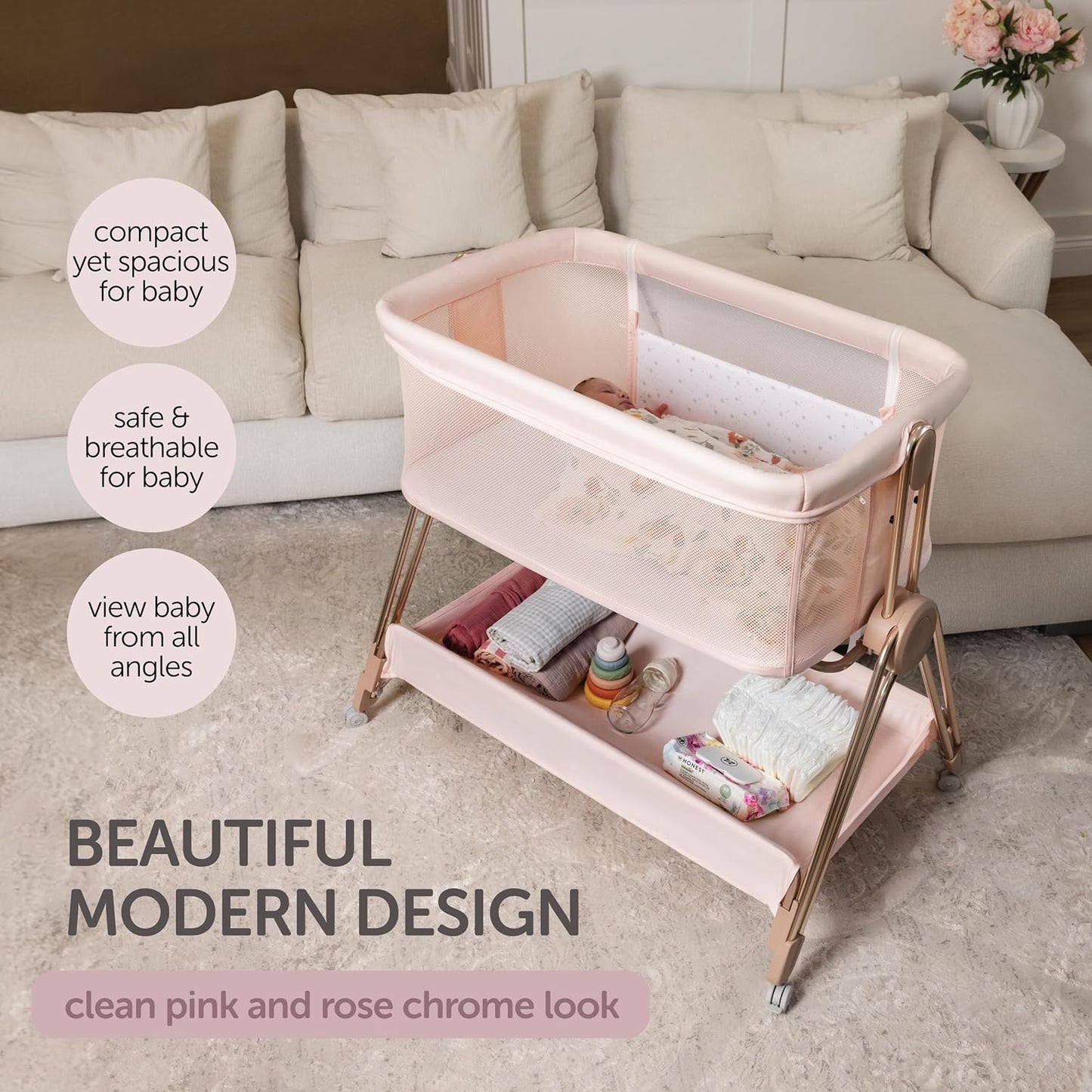 Baby Bedside Sleeper - Bassinet & Bedside Crib with Height Adjustment & Wheels - Can Be Placed Next