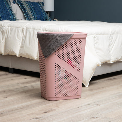 Mind Reader Slim Laundry Hamper with Lid, 60L Clothes Basket, Ventilated Plastic, Pink