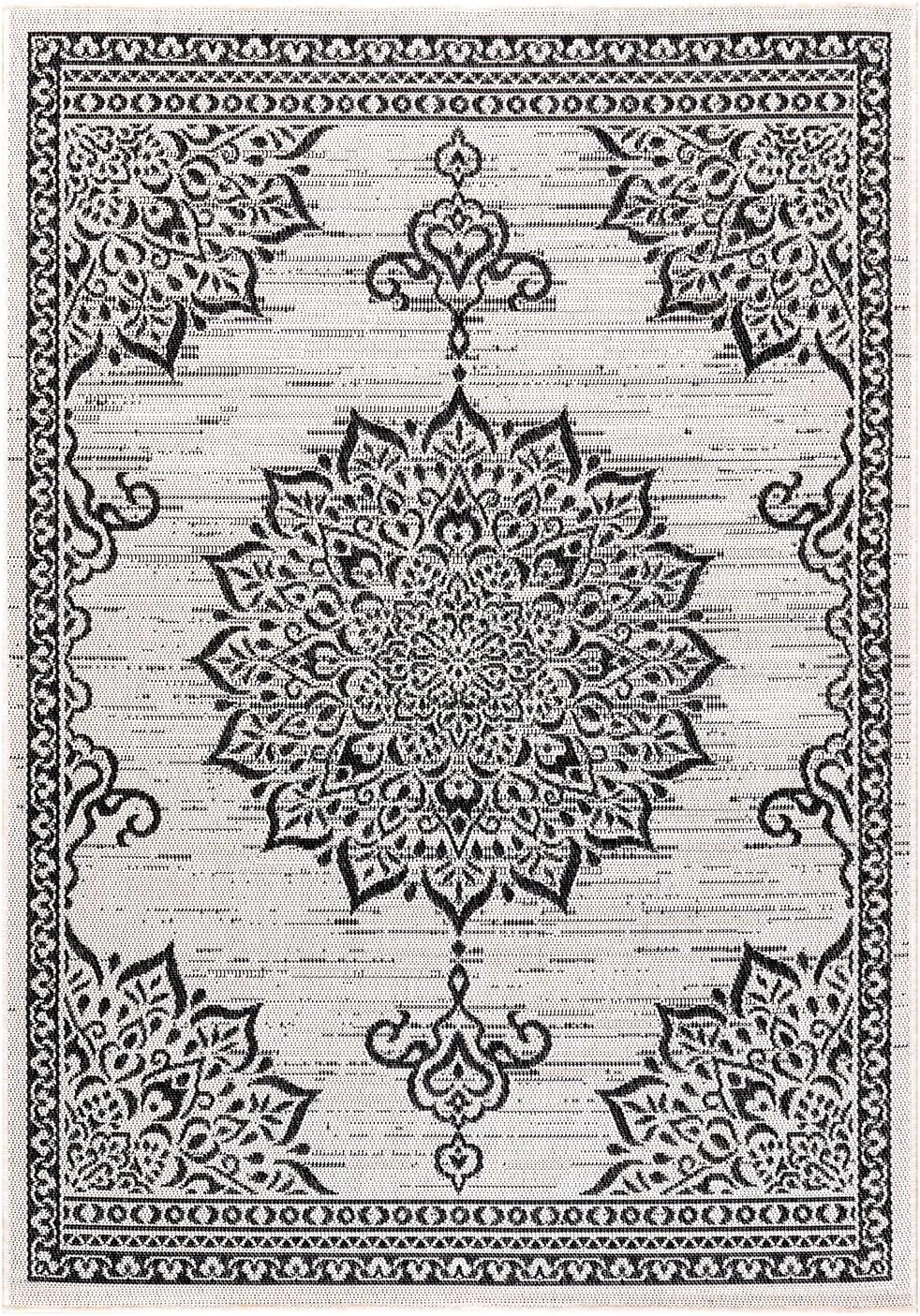 CAMILSON Outdoor Rug, 8x10 Medallion White Black Modern Area Rugs for Indoor and Outdoor Patios