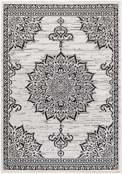 CAMILSON Outdoor Rug, 8x10 Medallion White Black Modern Area Rugs for Indoor and Outdoor Patios