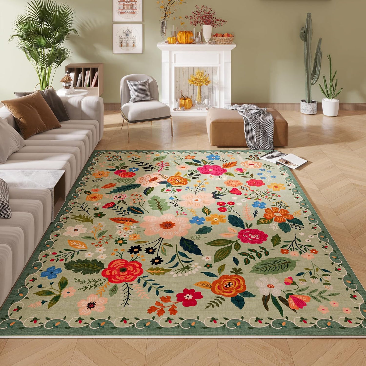 Living Room Rug 6x9 Rug Machine Washable Boho Area Rug Non Slip Floral Vintage Low Pile Large Rug