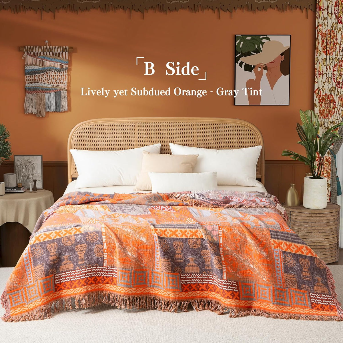Boho Throw Blanket Full Size, Extra Large Soft Cozy Cotton Muslin Quilt Blanket for Bed Decor