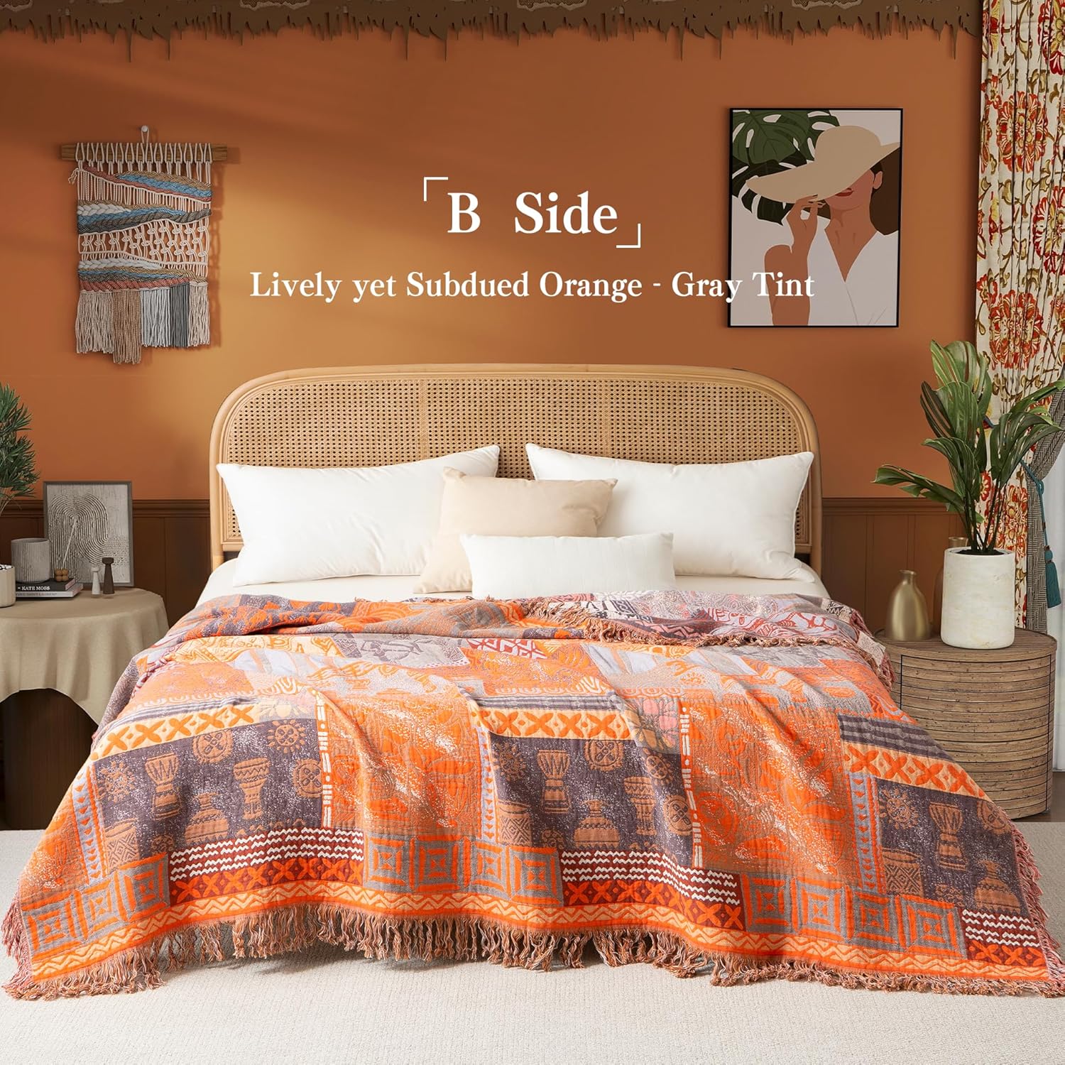 Boho Throw Blanket Full Size, Extra Large Soft Cozy Cotton Muslin Quilt Blanket for Bed Decor