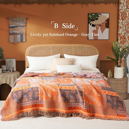 Boho Throw Blanket Twin Size, Soft Cozy Cotton Muslin Quilt Blanket for Bed Decor, Patchwork Block