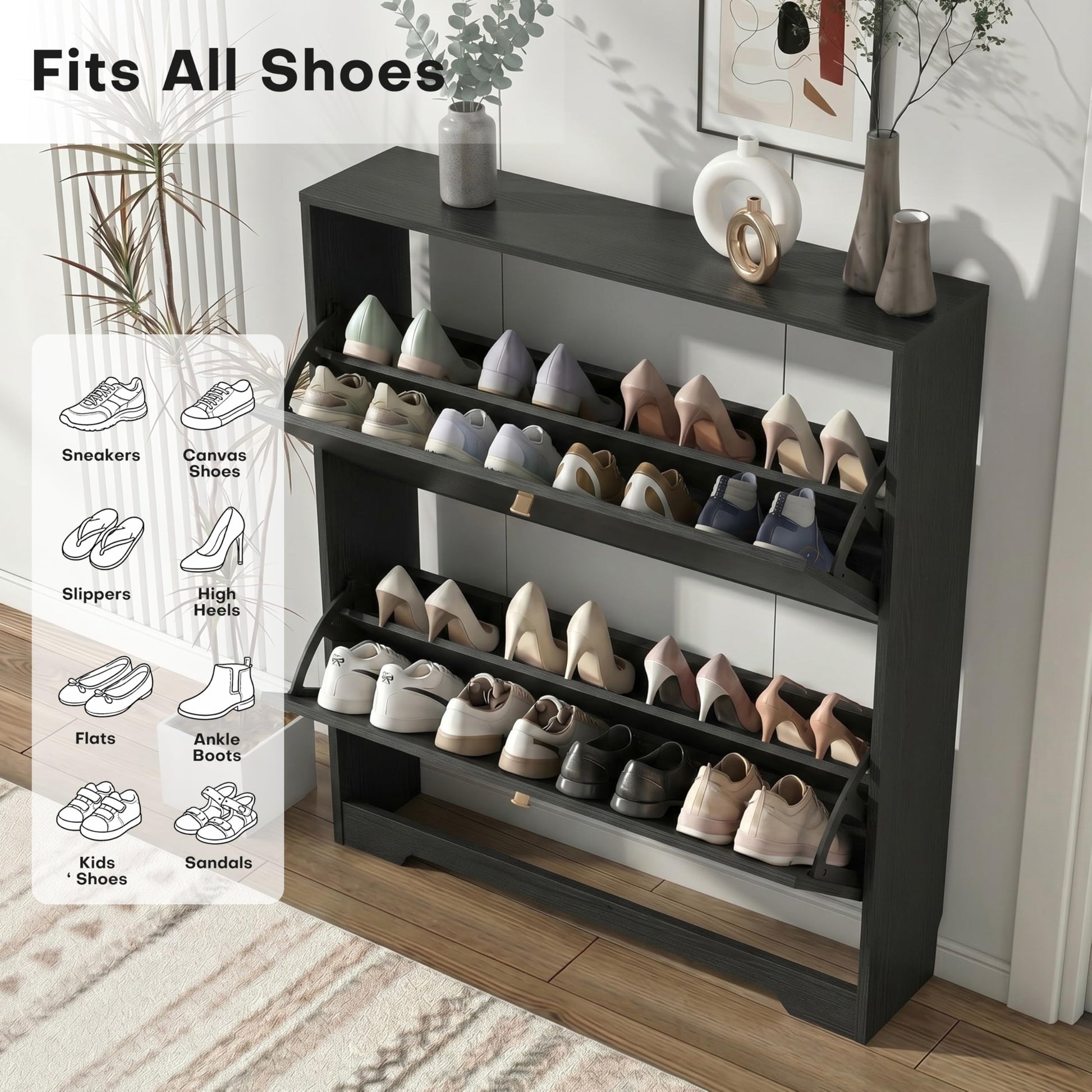Nicetree Shoe Cabinet with 2 Flip Drawers, Entryway Shoes Organizer, Black