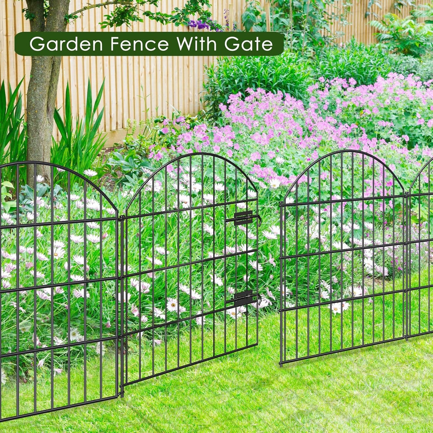 Metal Garden Fence with Gate 28in (H) x 37.3ft (L), 1 Gate + 15 Panels Dog Fences Border Fence