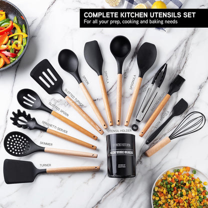 Country Kitchen Non Stick Silicone Utensil Set with Rounded Wood Handles for Cooking and Baking, 14