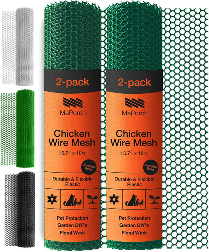 MaPorch Plastic Wire Mesh Fence - Green, 15.71" x 10 ft, 2 Pack - Plastic Chicken Wire Fencing for