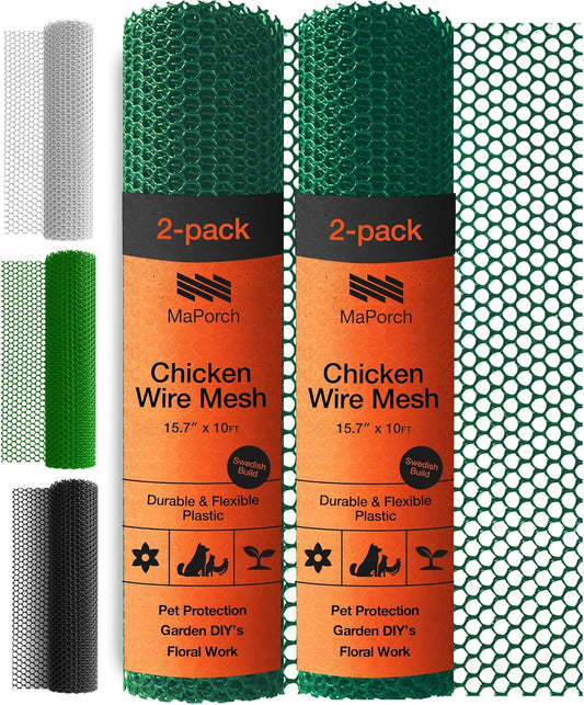 MaPorch Plastic Wire Mesh Fence - Green, 15.71" x 10 ft, 2 Pack - Plastic Chicken Wire Fencing for