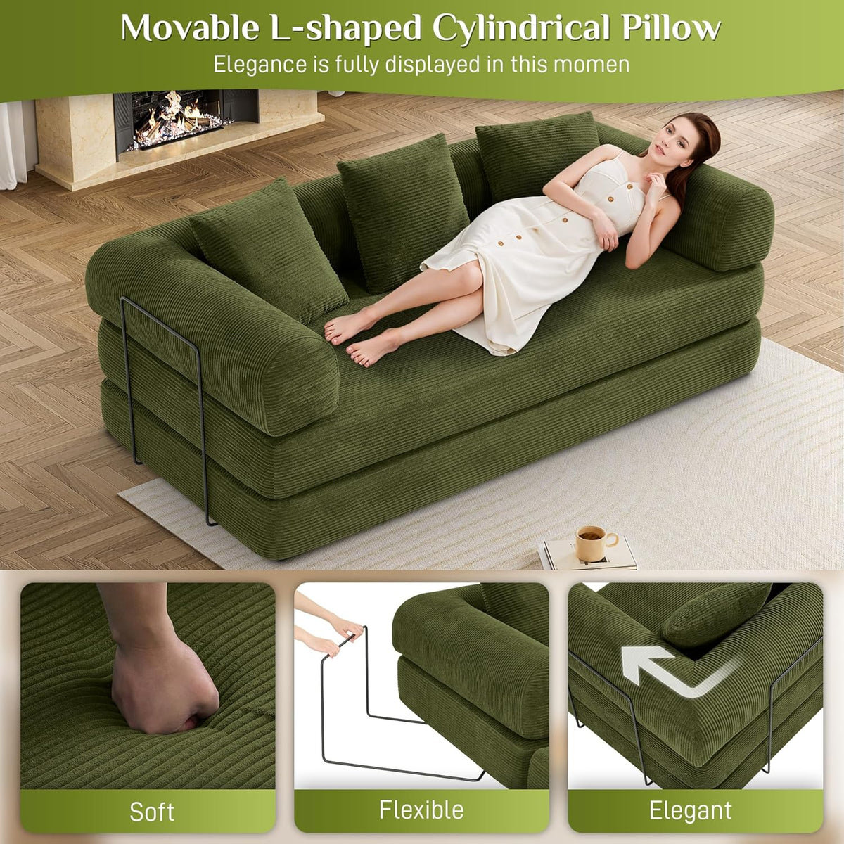 80.3" Convertible Sleeper Sofa Bed with Cylindrical Pillow, Corduroy Folding Mattress Couch with