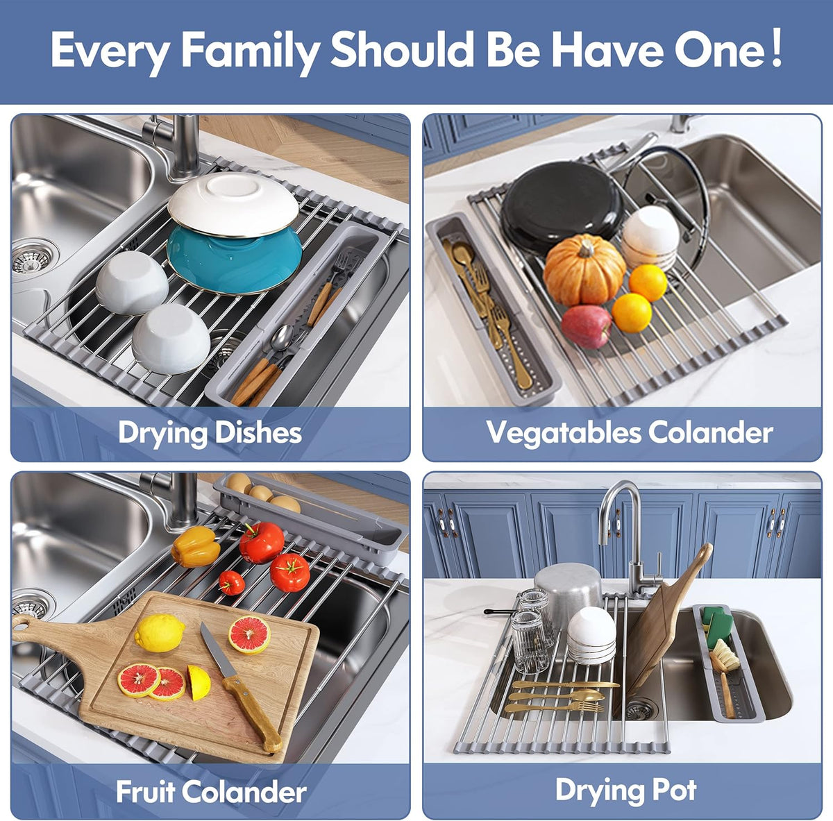 Over The Sink Dish Drying Rack for Kitchen, Expandable (12.8"-23.8" D x 15.5" W) Roll Up Dish
