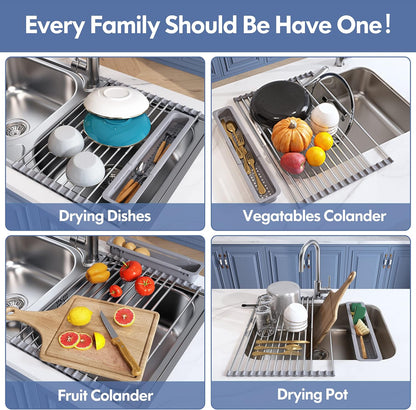 Over The Sink Dish Drying Rack for Kitchen, Expandable (12.8"-23.8" D x 15.5" W) Roll Up Dish