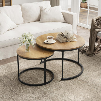 Smuxee Nesting Coffee Table Set of 2, 27.6" Round Coffee Table Wood Grain Top with Adjustable