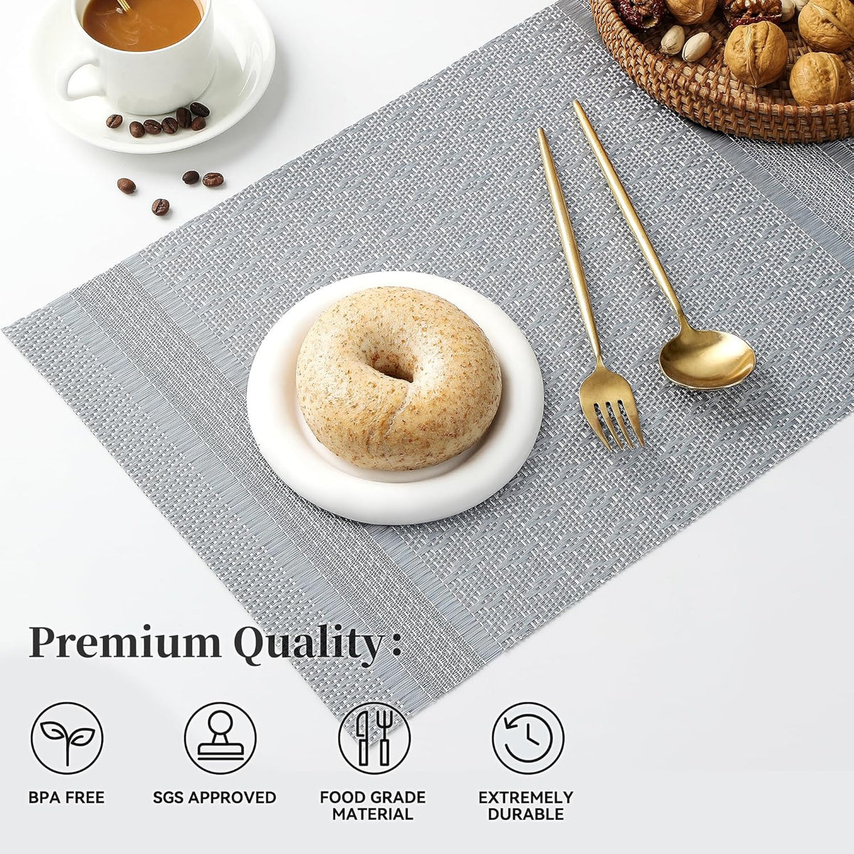 Leetaltree Lunar Grey Placemats Set of 8 - Heat Resistant Non-Slip Place mats for Dining Table