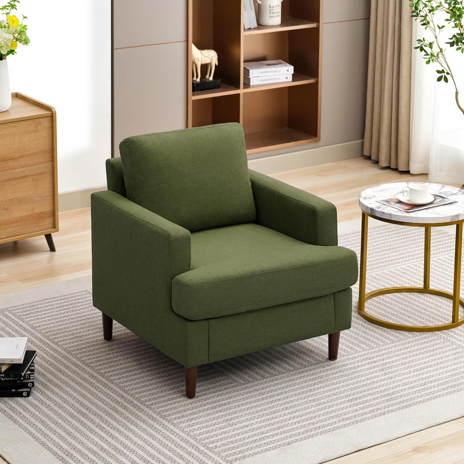 Mid-Century Accent Chair,Modern Linen Fabric Armchair for Living Room,Comfy Upholstered Reading