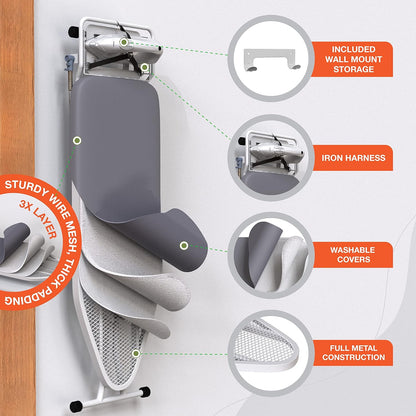 Xabitat Full Size Ironing Board 57" X 15" with Wall Mount Hanger, Full Metal Construction Iron