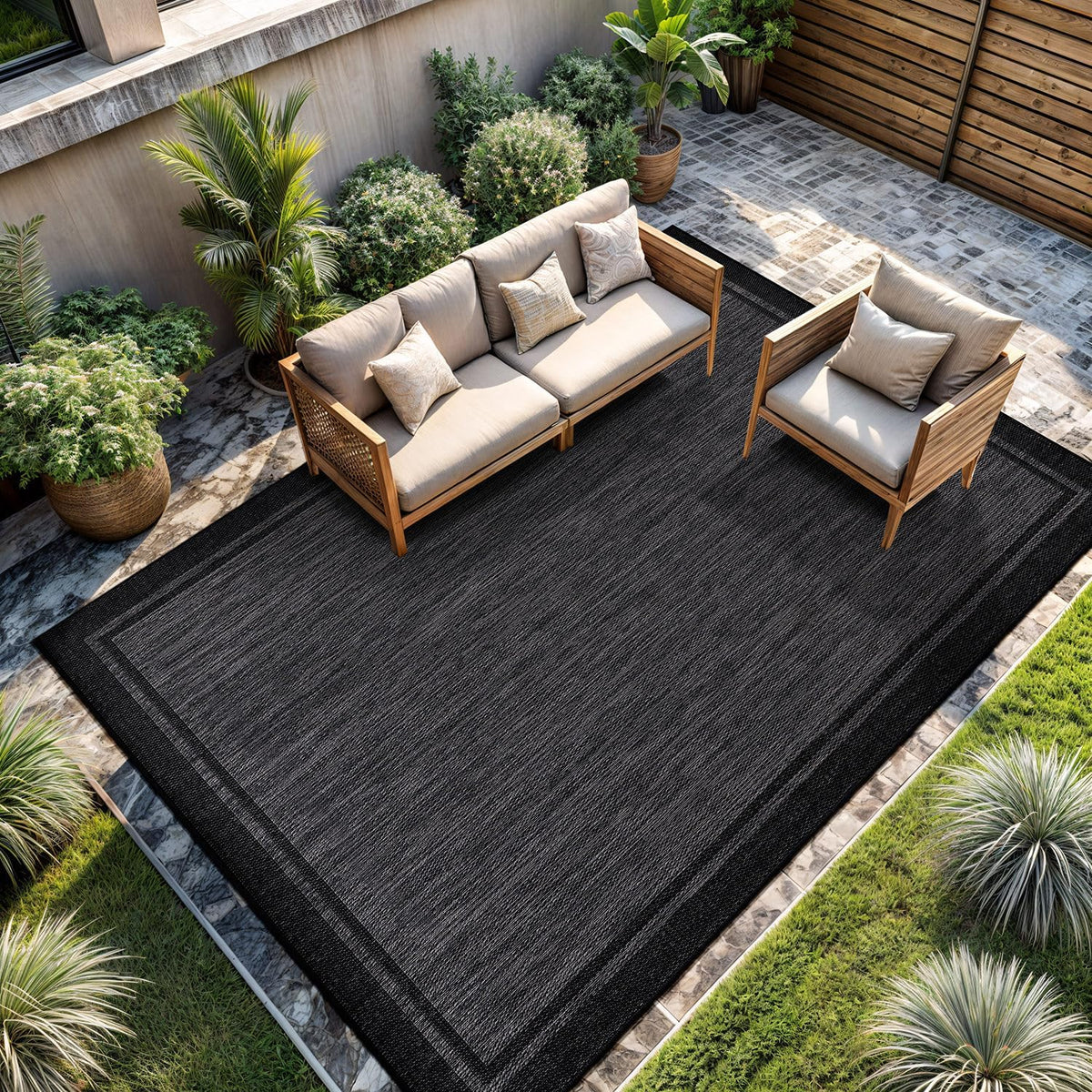 CAMILSON Indoor Outdoor Rug, 10x14 Bordered Dark Grey Black Modern Large Area Rugs for Indoor and