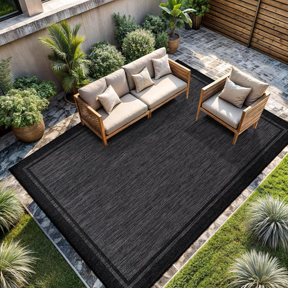 CAMILSON Indoor Outdoor Rug, 10x14 Bordered Dark Grey Black Modern Large Area Rugs for Indoor and