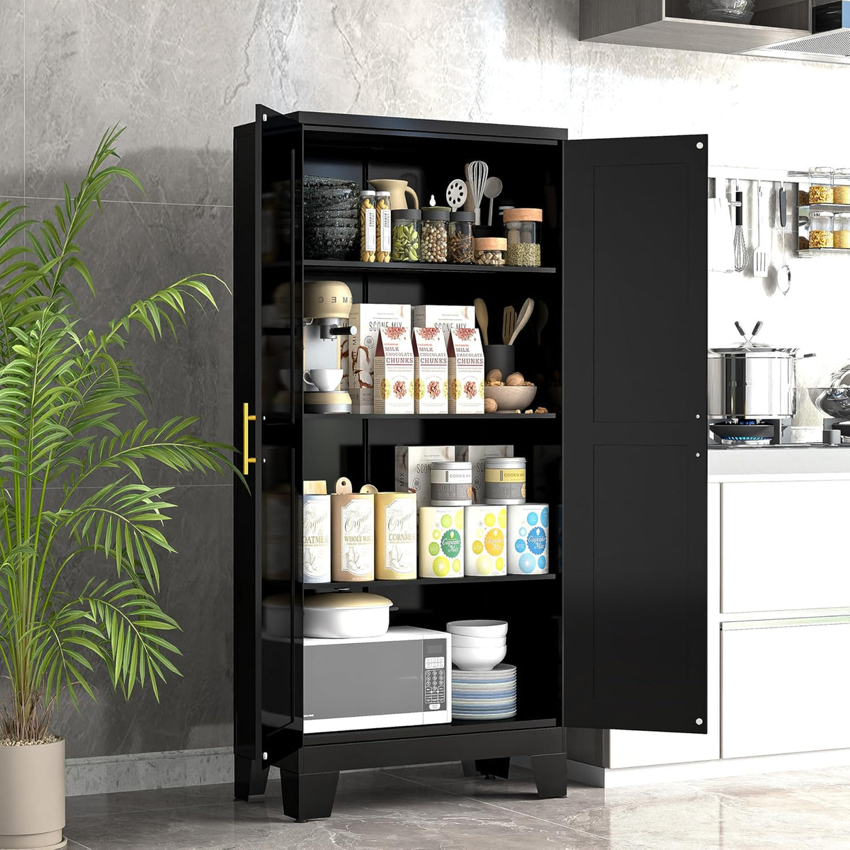 61.02" Kitchen Pantry Cabinet, Pantry Storage Cabinet with 2 Doors and Adjustable Shelves, Black