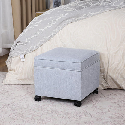 Adeco 17.5" Square Fabric Ottoman with Storage, Upholstered Cotton Linen Foot Rest, Flip Top
