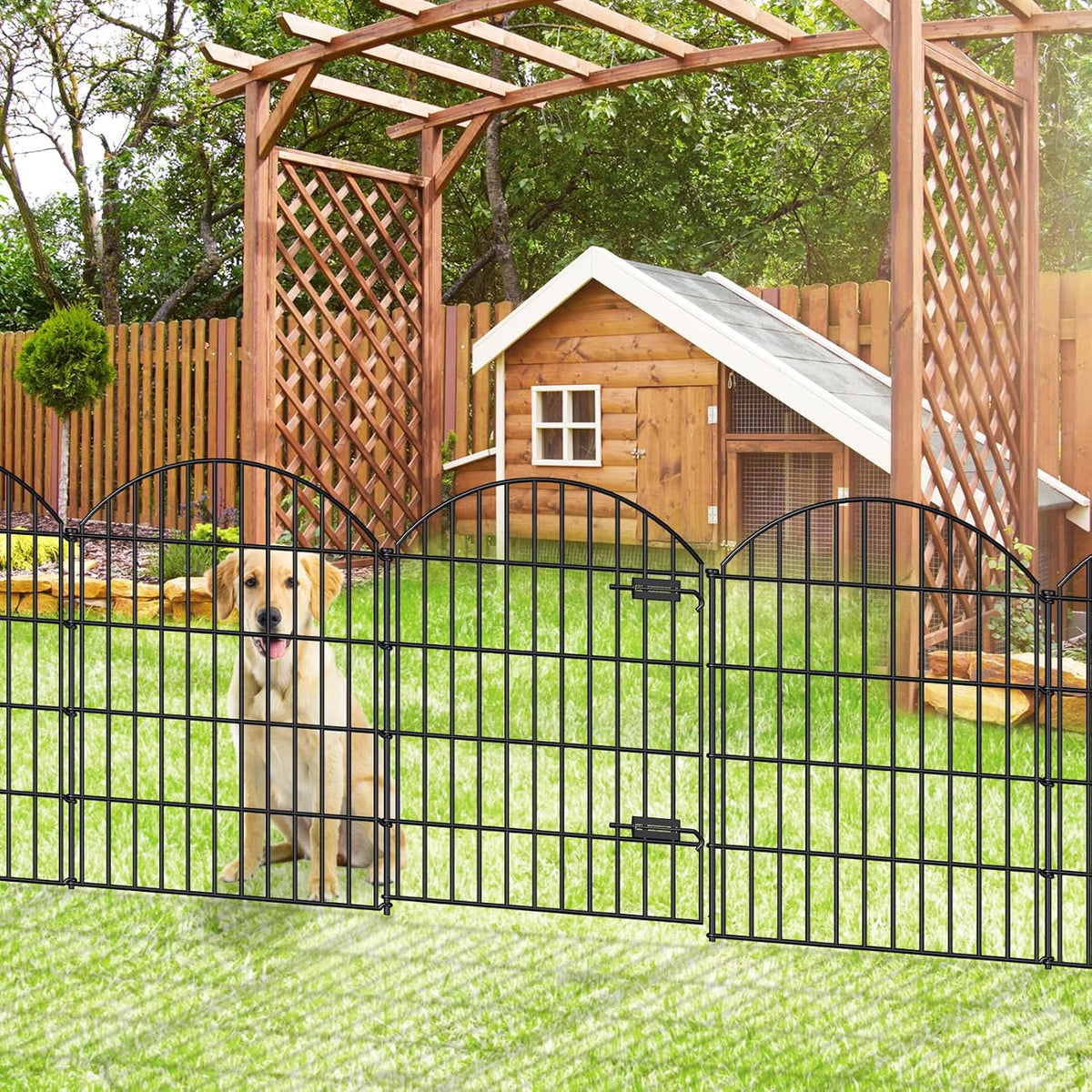 Metal Garden Fence with Gate 36in (H) x 23.3ft (L), 1 Gate+ 9 Panels Dog Fence Border Fence Animal