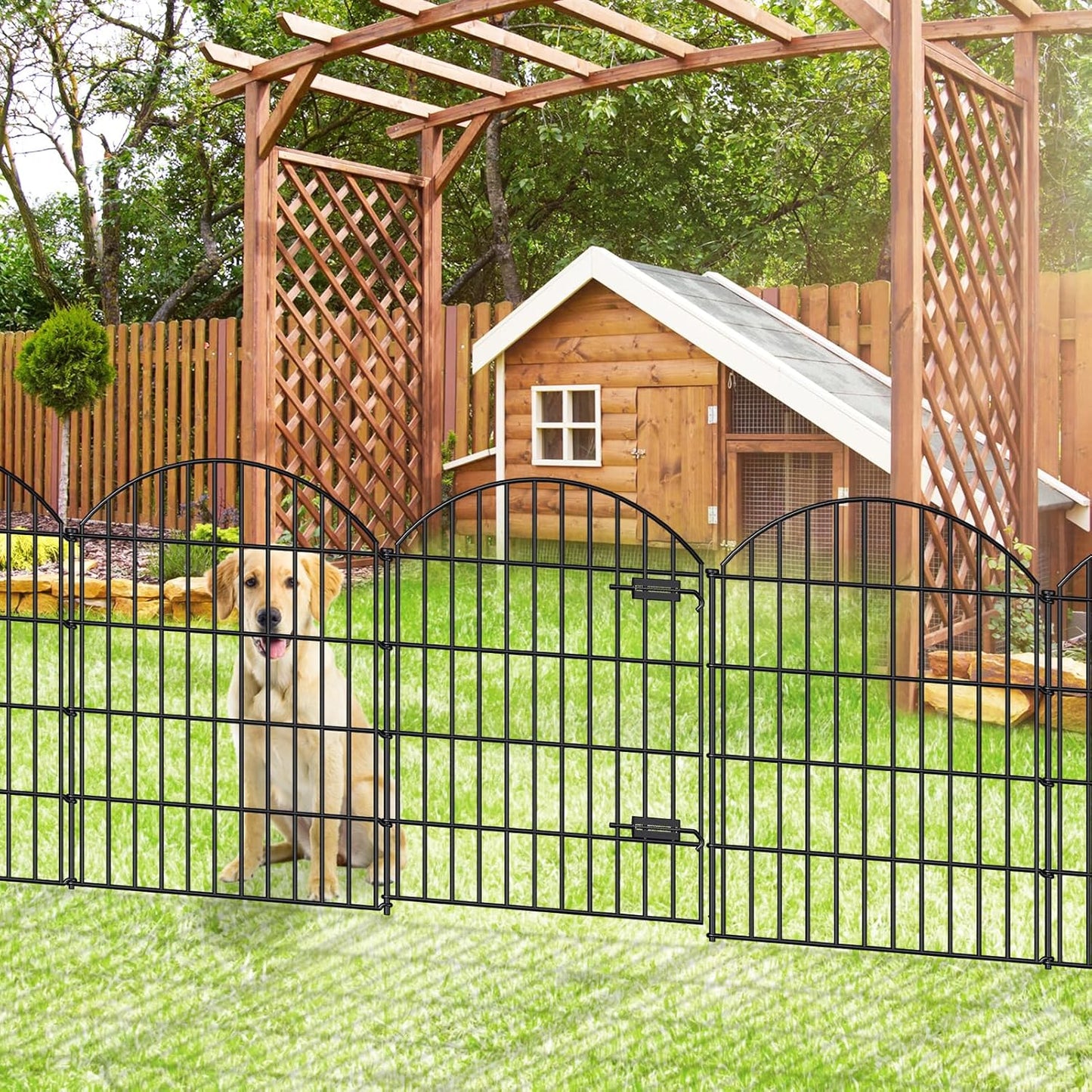 Metal Garden Fence with Gate 36in (H) x 11.7ft (L), 1 Gate+ 4 Panels Dog Fence Border Fence Animal