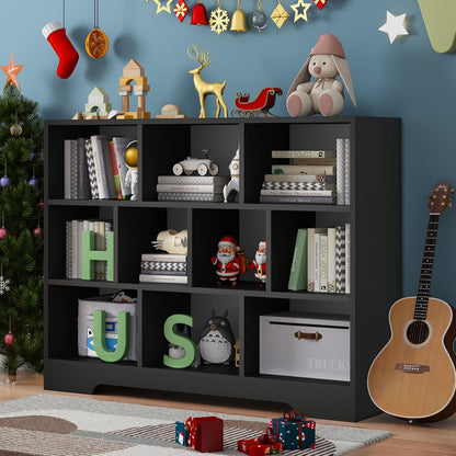 Book Shelf, 10 Cubes Storage Organizer, 3-Tier Open Shelf Wooden Bookcase, Freestanding Balck