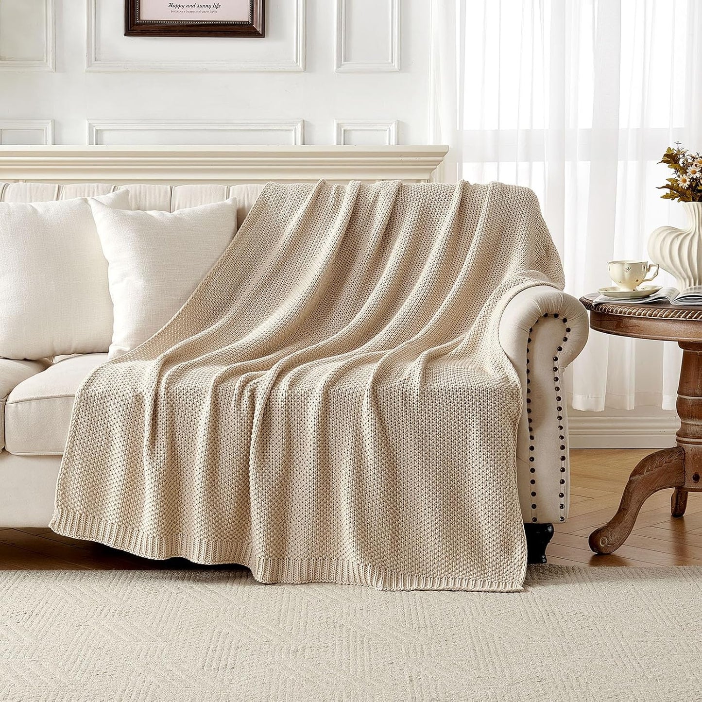 Joydeco Chunky Cable Knit Throw Blanket, Lightweight 100% Organic Cotton Soft Cozy Throw Twin