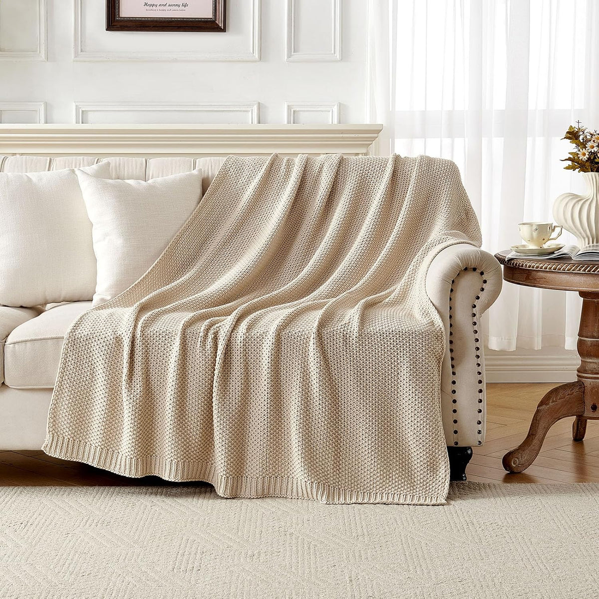 Joydeco Chunky Cable Knit Throw Blanket, Lightweight 100% Organic Cotton Soft Cozy Throw Twin