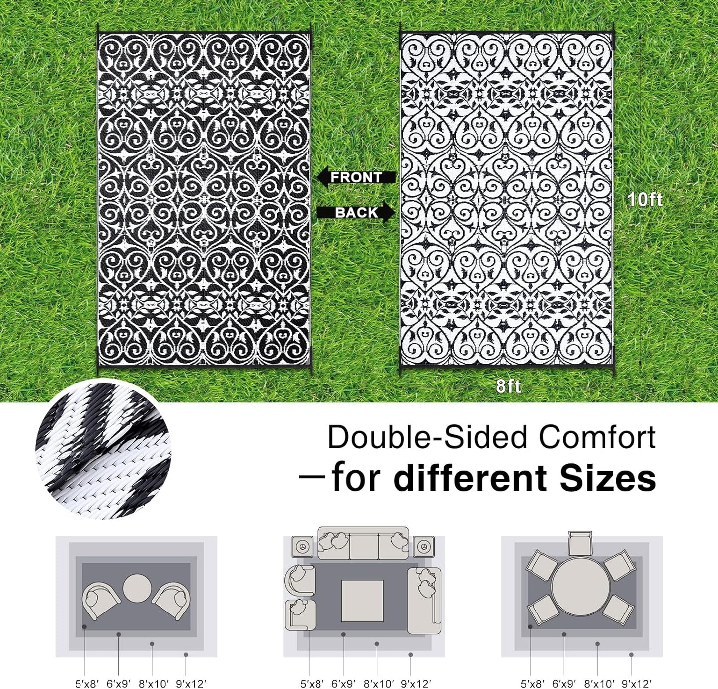OLANLY Outdoor Rug Waterproof 8x10 ft Clearance, Reversible Outdoor Plastic Straw Rug with Floral