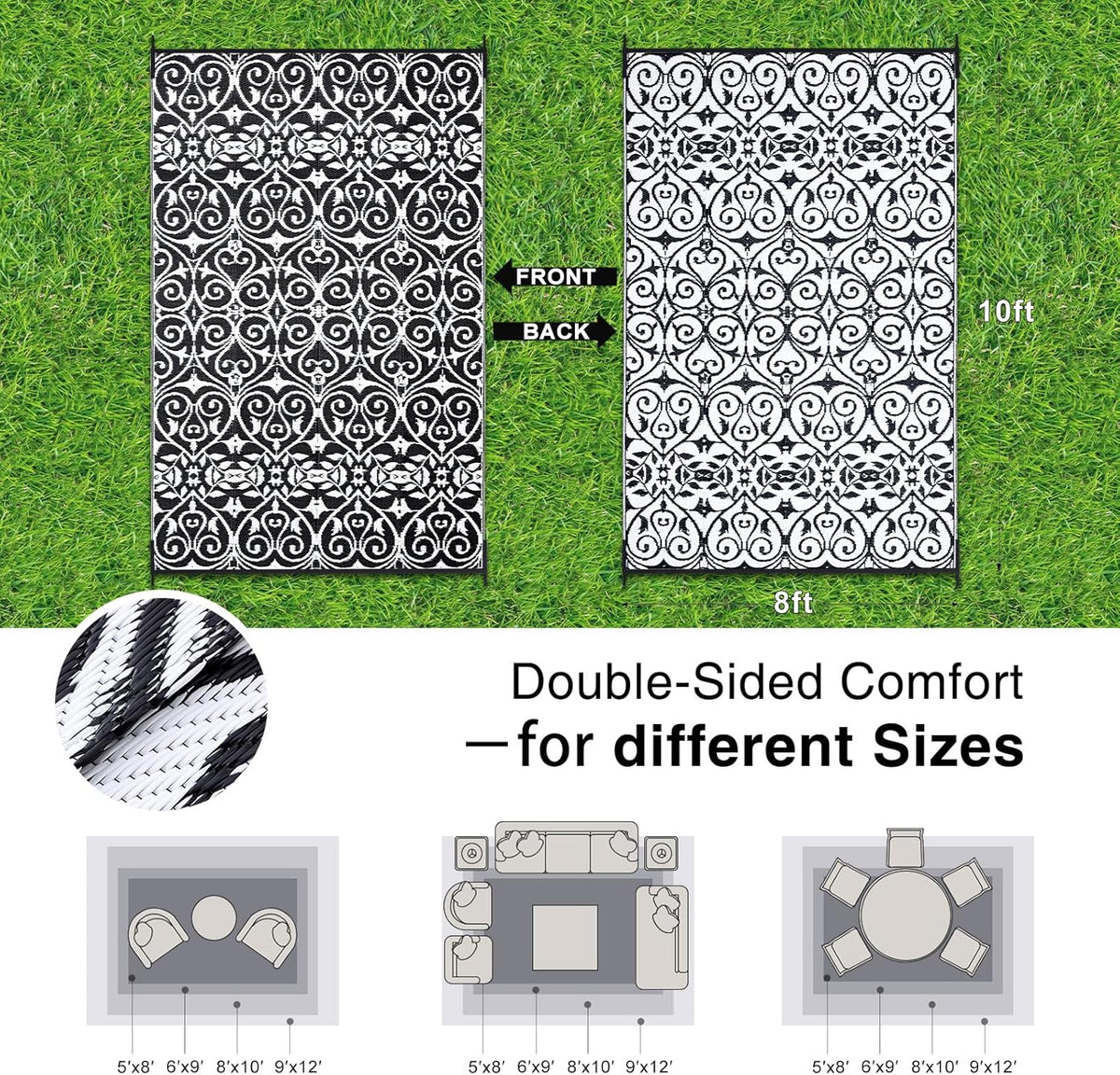 OLANLY Outdoor Rug Waterproof 8x10 ft Clearance, Reversible Outdoor Plastic Straw Rug with Floral