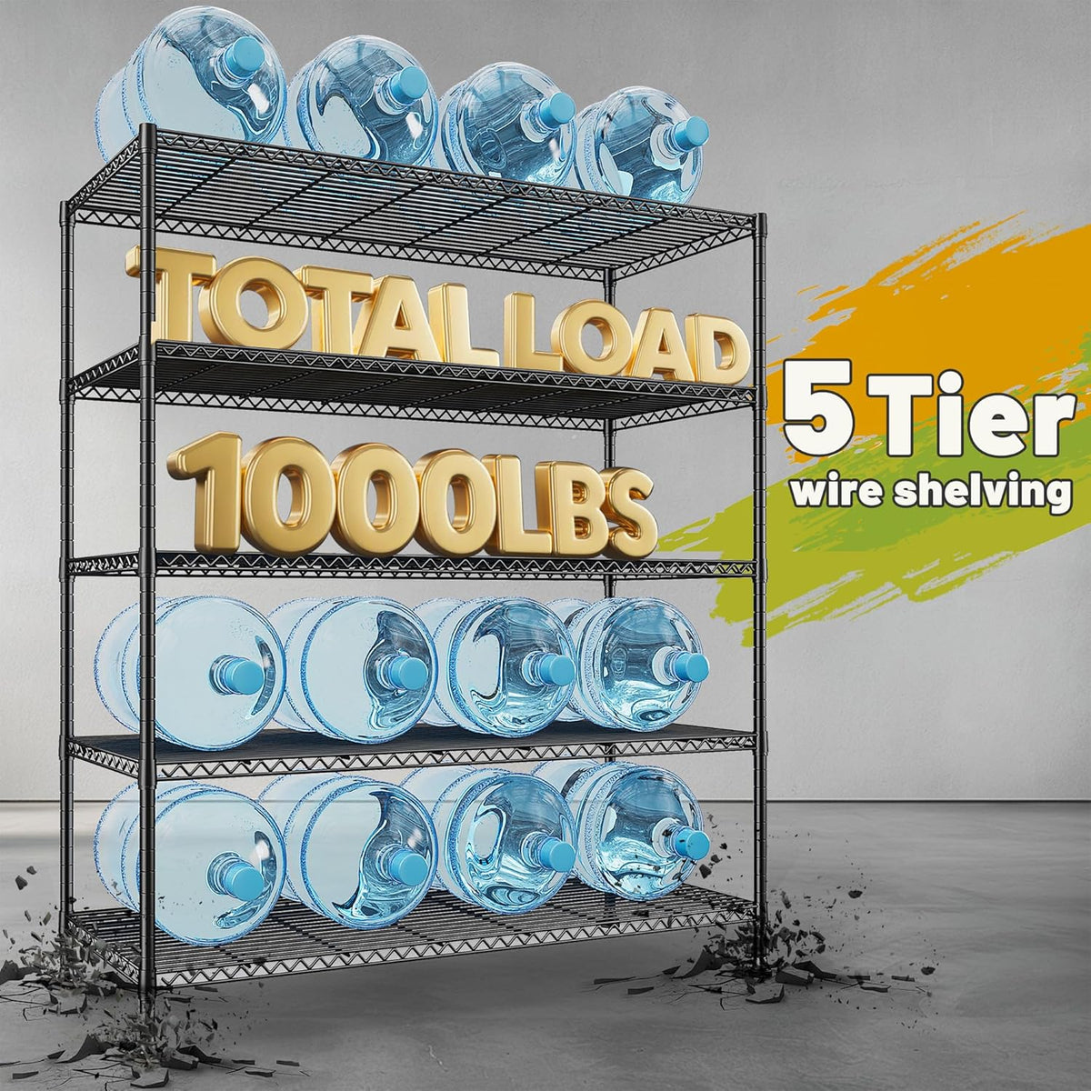 REIBII 45.5''W Storage Shelves Wire Shelving, 5 Tier Pantry Shelves for Storage Rack, Adjustable