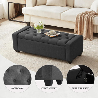 48" Ottoman with Storage, Storage Ottoman Bench with Safety Hinge, Upholstered Entryway Bench with