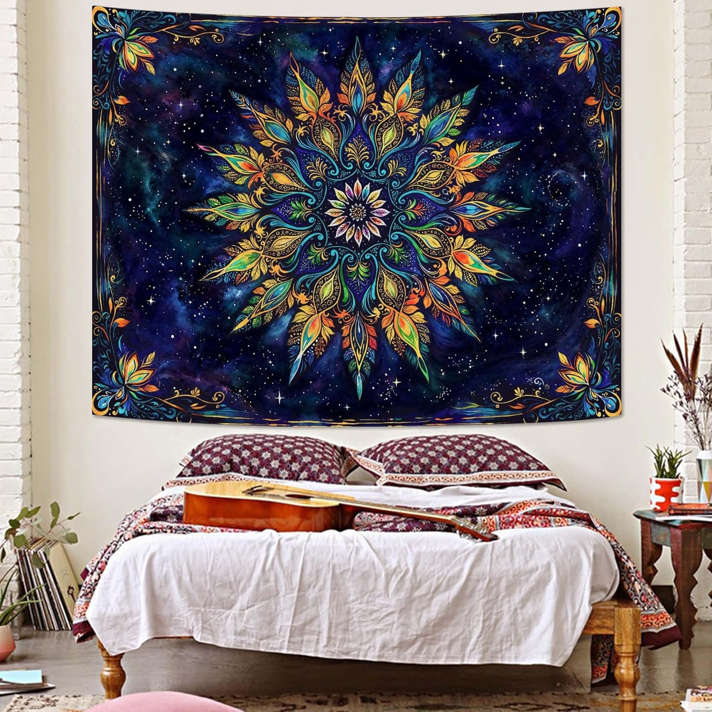 Fowocu Boho Floral Mandala Tapestry for Bedroom Aesthetic Blue Bohemian Colorful Flower Wall