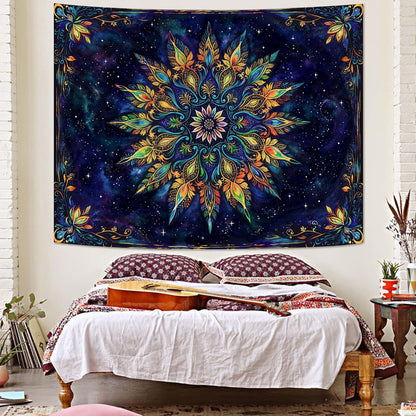 Fowocu Boho Floral Mandala Tapestry for Bedroom Aesthetic Blue Bohemian Colorful Flower Wall