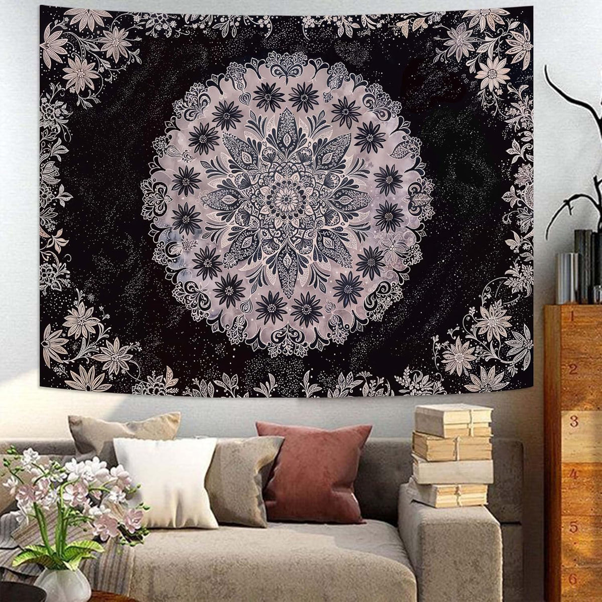 Fowocu Boho Floral Mandala Tapestry Wall Hanging Grey Bohemian Flower Medallion Tapestry Aesthetic