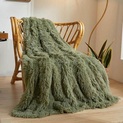 XeGe Luxury Faux Fur Blanket, Sage Green Soft Big Fluffy Throw, Shaggy Plush Decorative Couch