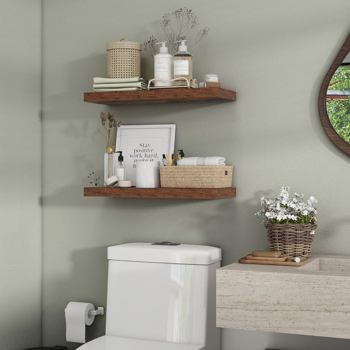 Heimlove 24 inch Floating Shelves for Wall,9.3 inch deep Brown Bathroom Over Toilet Shelf,Wall