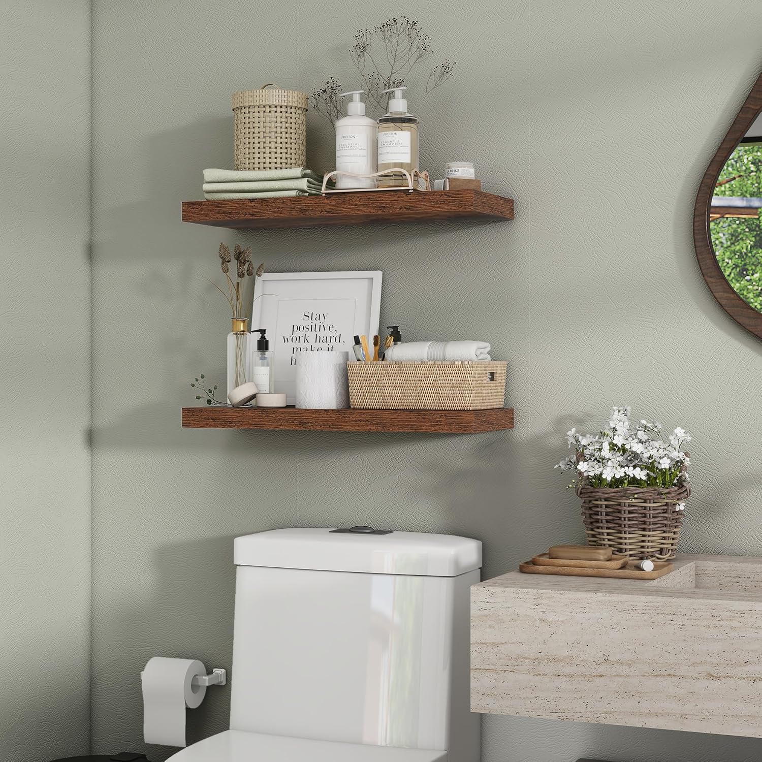 Heimlove 24 inch Floating Shelves for Wall,9.3 inch deep Brown Bathroom Over Toilet Shelf,Wall
