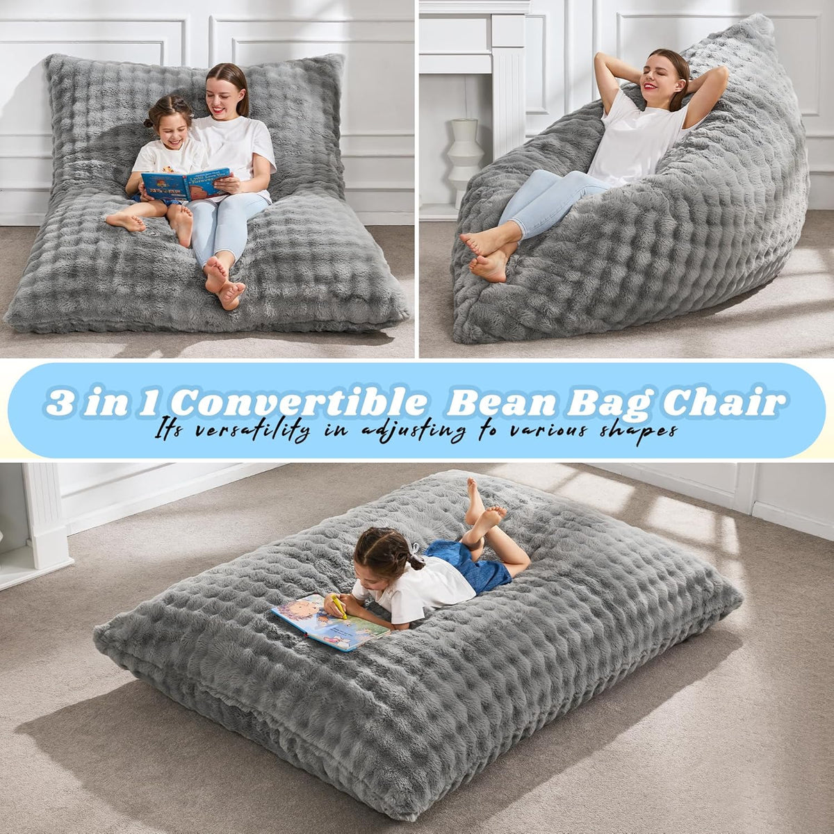 Hobestluk 3 in 1 Bean Bag Chair Giant Bean Bag Chairs for Adults with Bubble Cover Convertible Bean