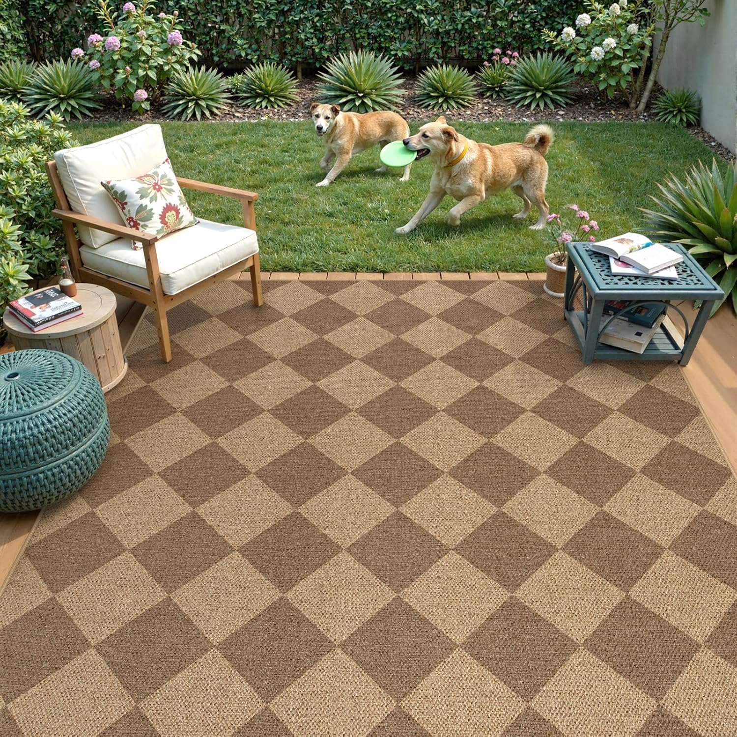 Lahome Checkered Easy Jute Indoor Outdoor Rug, 5x7 Area Rugs for Living Room Nature Large Dining
