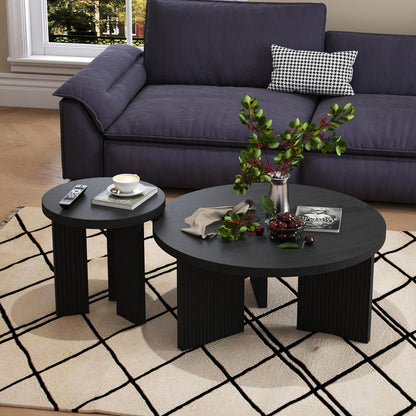 Nesting Coffee Table Set of 2, Modern Wooden Coffee Table with Smooth Thick Design, Circle Tea