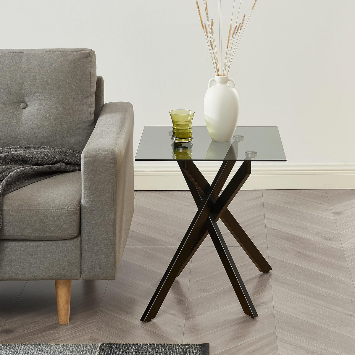 Modern Style Square Side Table with Grey Tempered Glass Top and Black Metal Tubular Legs with Gold