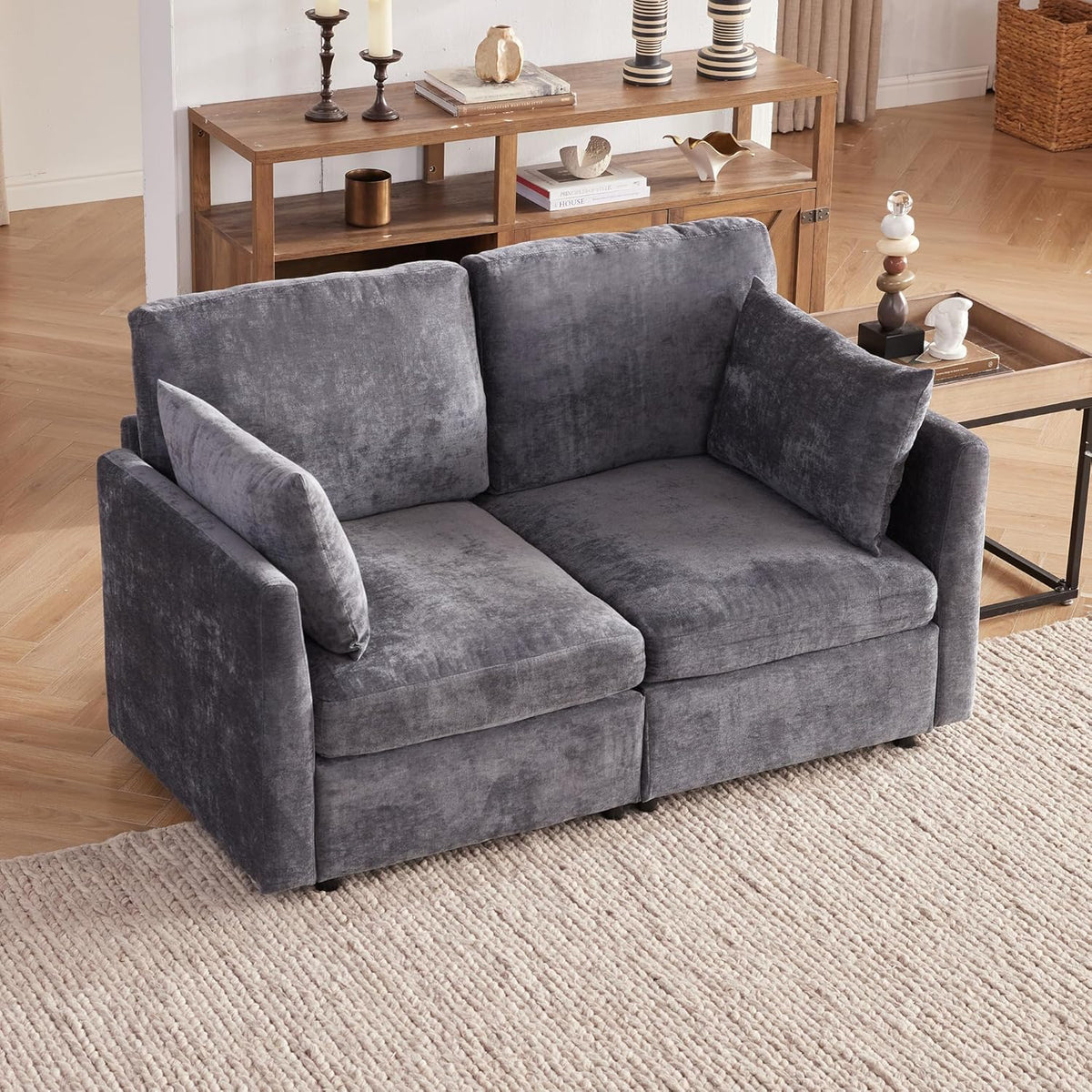 Tbfit 59" Loveseat Sofa, Chenille Small Sofa Couch, Love Seat with 2 Pillows for Small Space