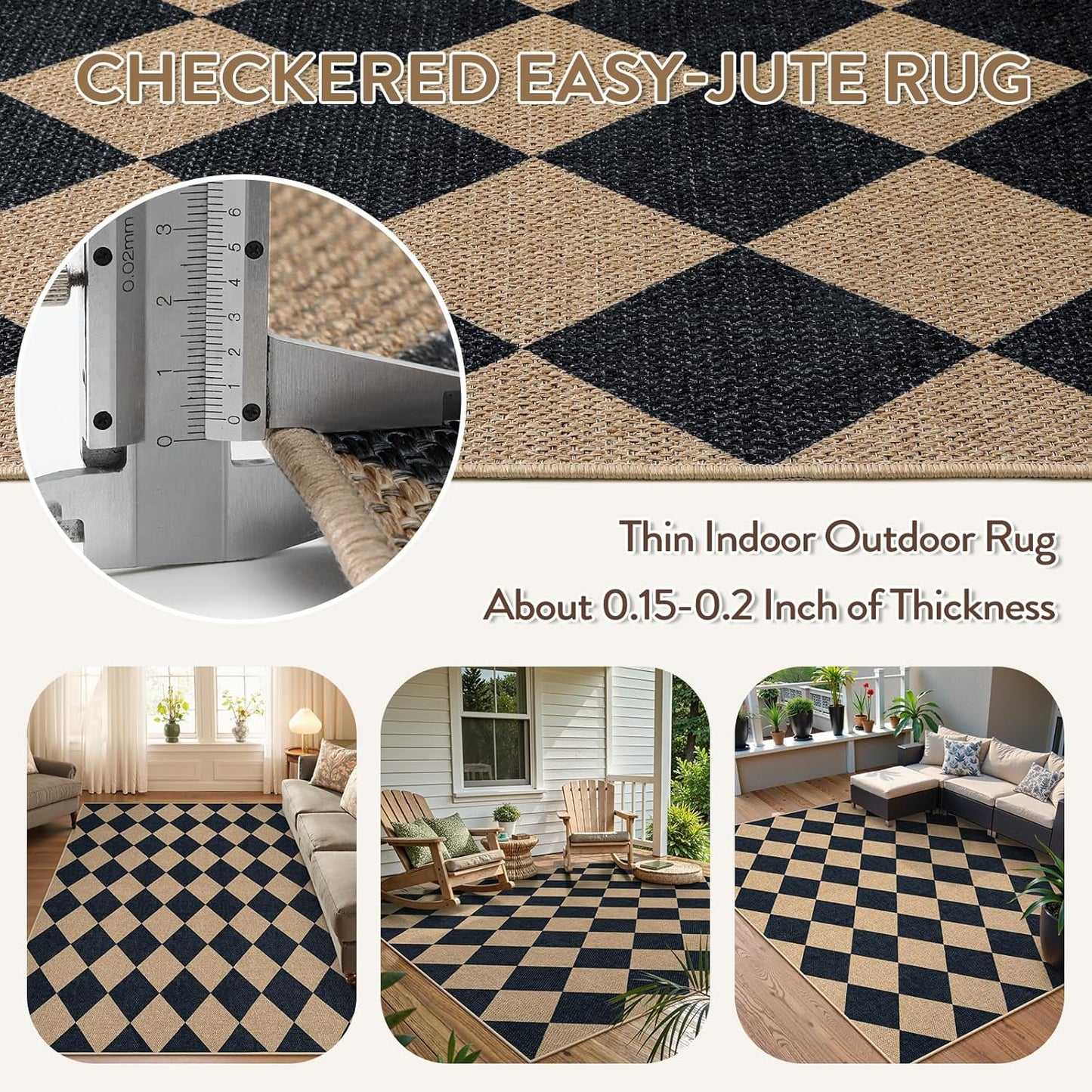 Lahome Checkered Easy Jute 5x7 Area Rugs, Washable Outdoor Patio Rug for Living Room Diamond Indoor